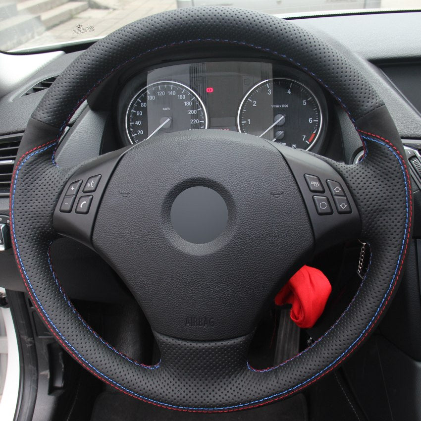 Black Genuine Leather Suede DIY Hand-stitched Car Steering Wheel Cover for BMW E90 320 318i 320i 325i 330i 320d X1