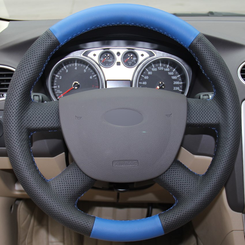 Blue Black Genuine Leather Car Steering Wheel Cover for Ford Focus 2 2005-2011