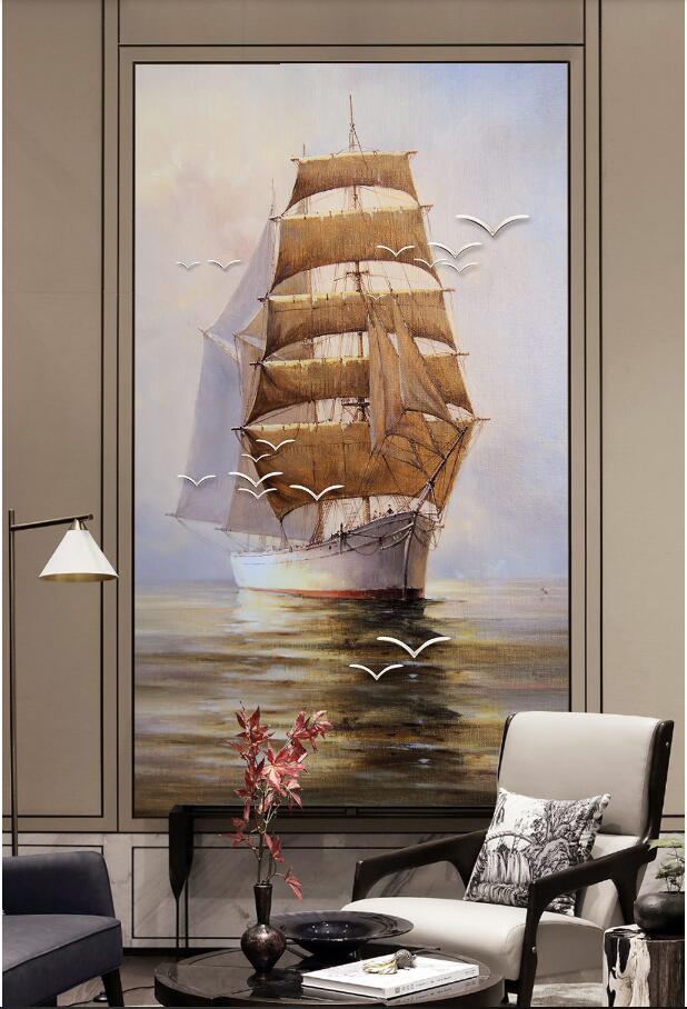 3d wallpaper custom photo European-style hand-painted oil painting, smooth sailing, sailing boat, porch muals wall paper for walls 3 d