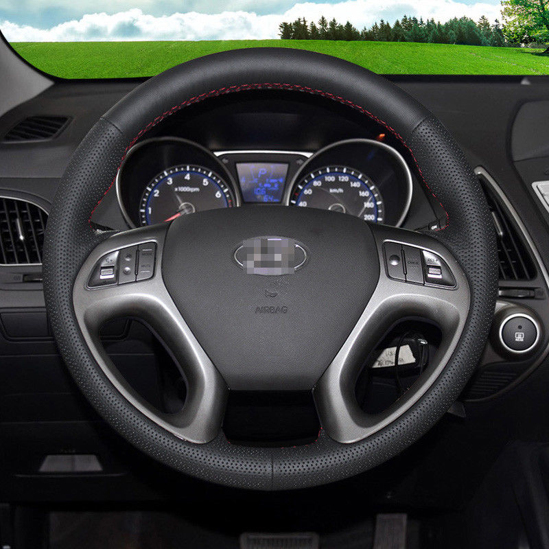 For Hyubdai IX35 Car DIY Hand Sewing Steering Wheel Cover Black Top leather