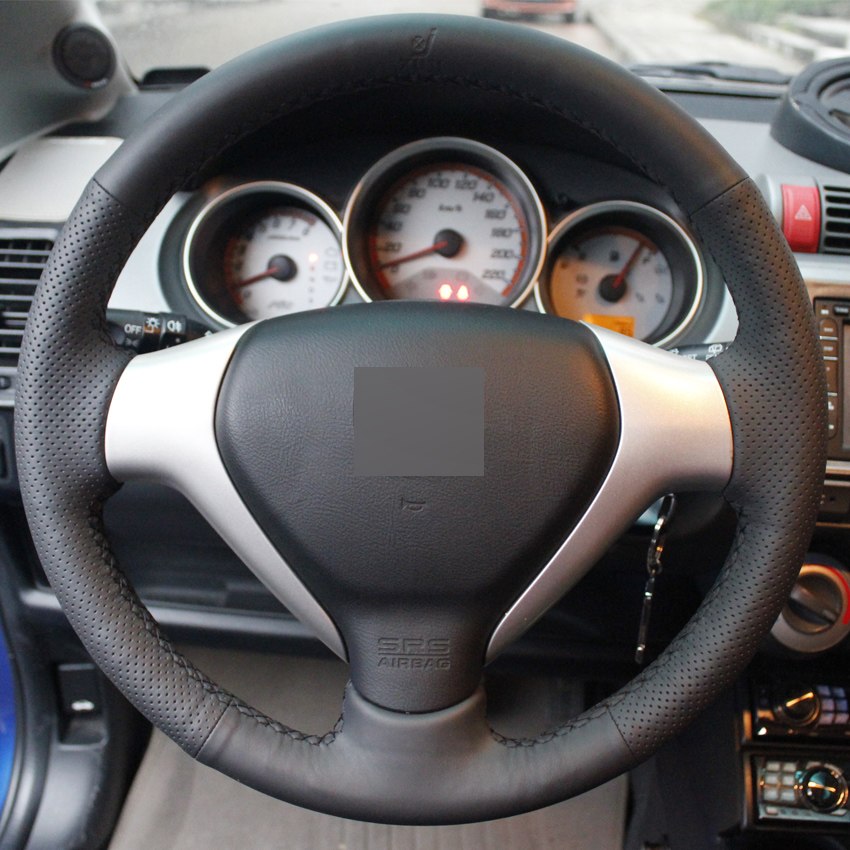 Black Leather Hand-stitched Car Steering Wheel Cover for Honda Old City Fit Jazz