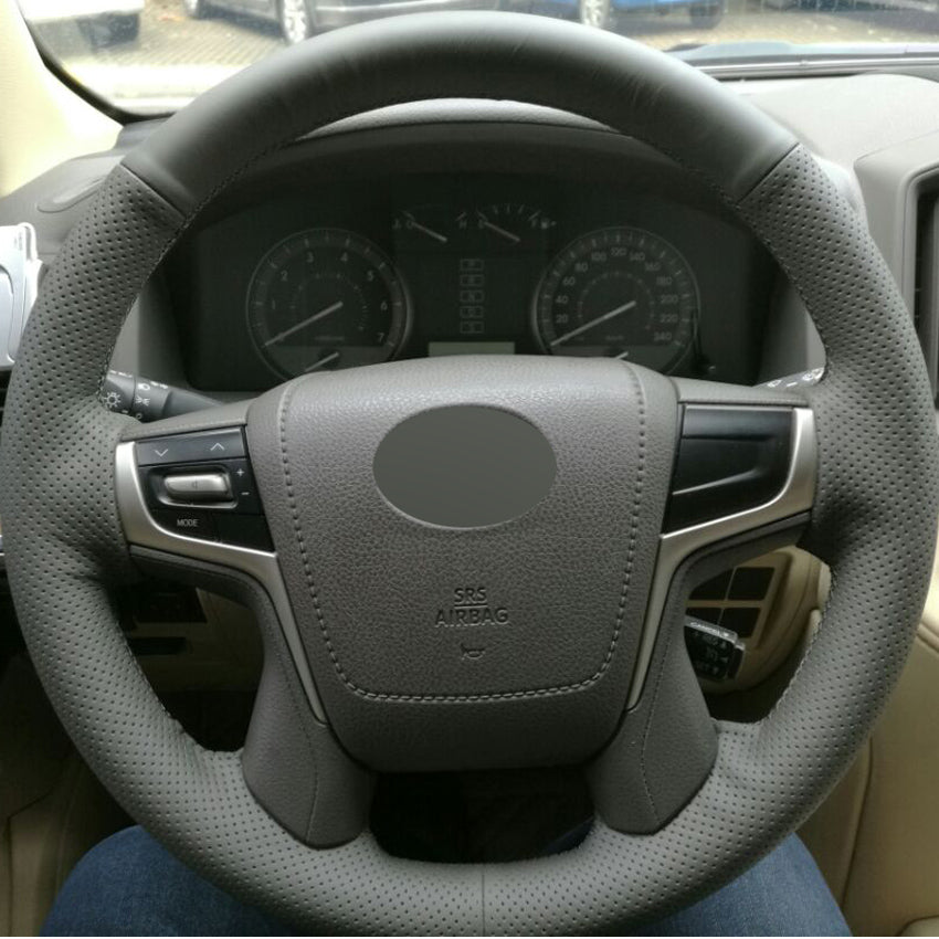 Dark Gray Genuine Leather DIY Hand-stitched Car Steering Wheel Cover for Toyota Land Cruiser 2016