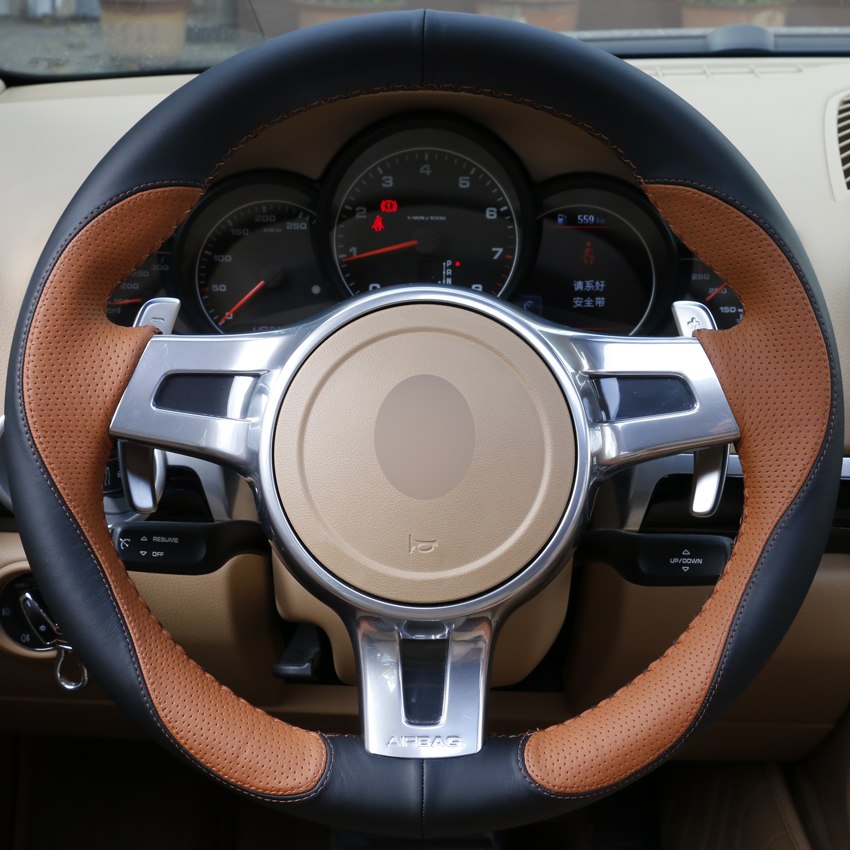 DIY Hand-stitched Steering Wheel Cover Brown Black Leather for Porsche Cayenne Panamera 2012 2013