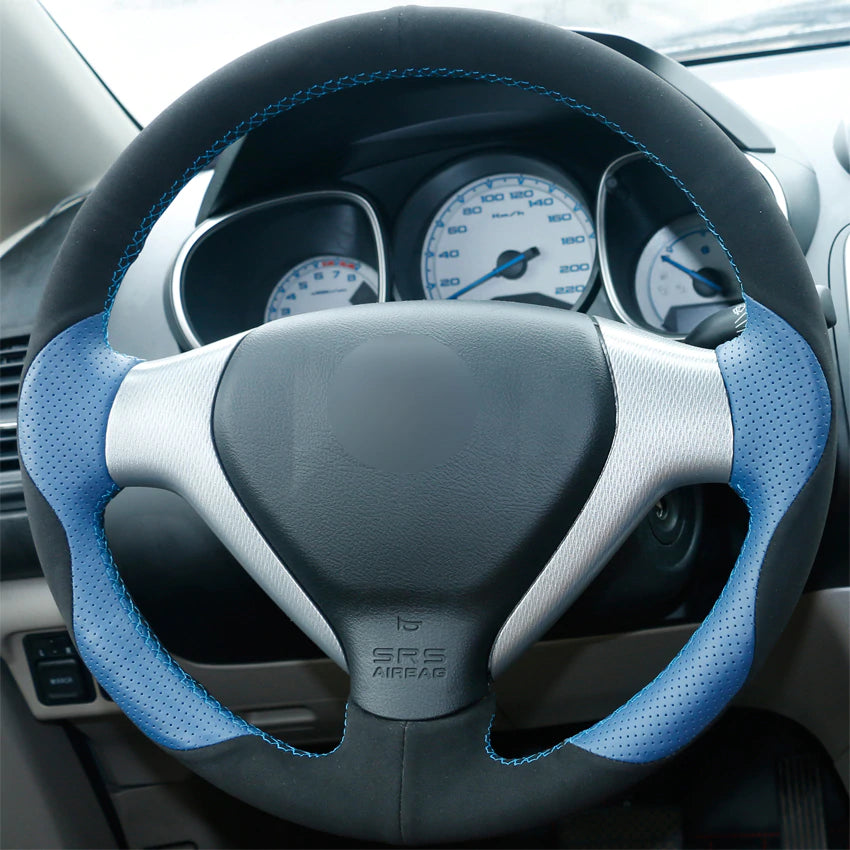 DIY Hand-stitched Car Steering Wheel Cover Black Suede Blue Leather for Honda Old City Fit Jazz