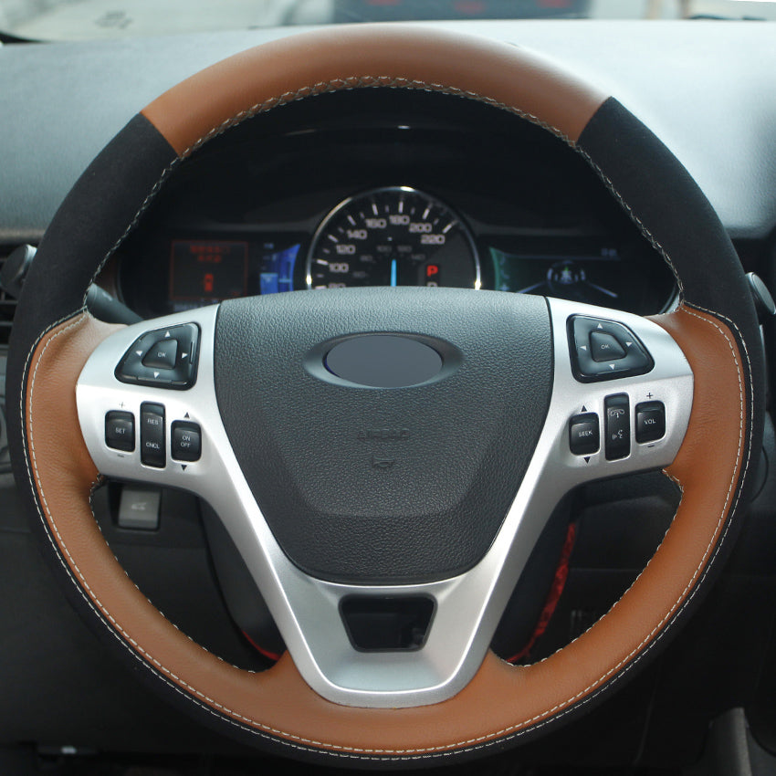 Orange Genuine Leather Black Suede Steering Wheel Cover for Ford Explorer 2011-2016 Taurus 2012-2015 Edge 2011-2014