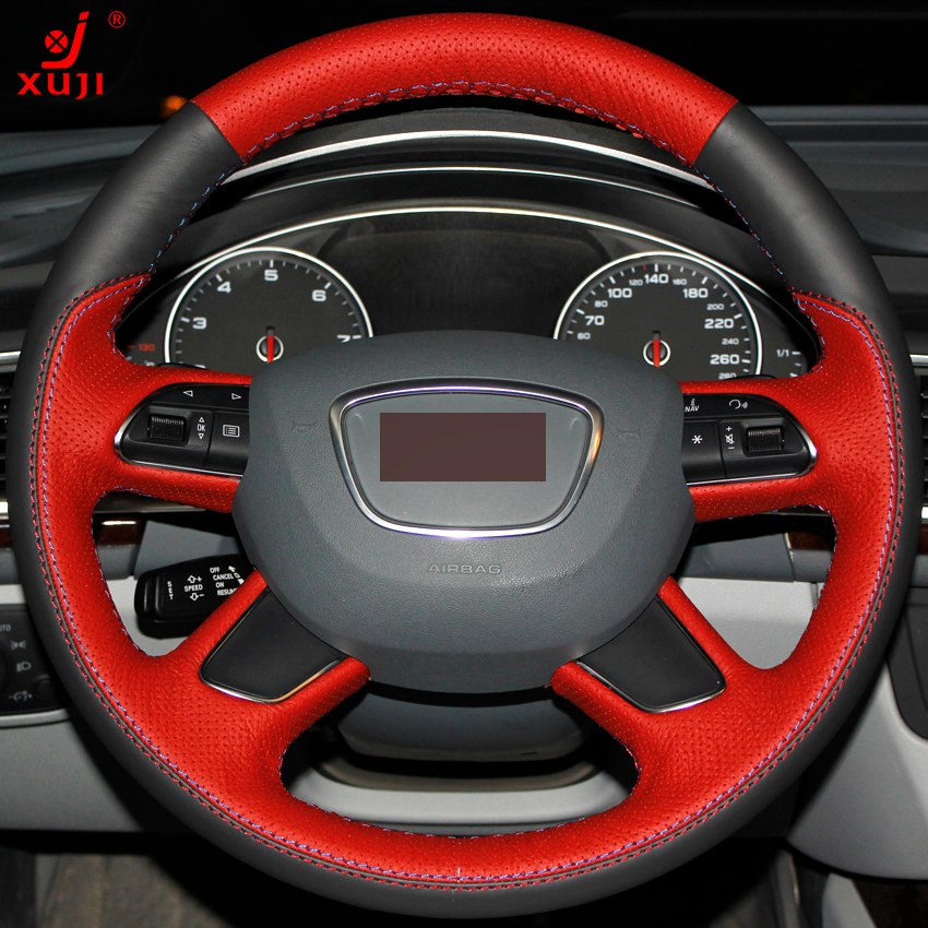 Red Black Genuine Leather DIY Hand-stitched Steering Wheel Cover for Audi Q7 2012-2015 Q3 Q5 2013-2016 A4 (B8) 2014 2015 A6 (C7)