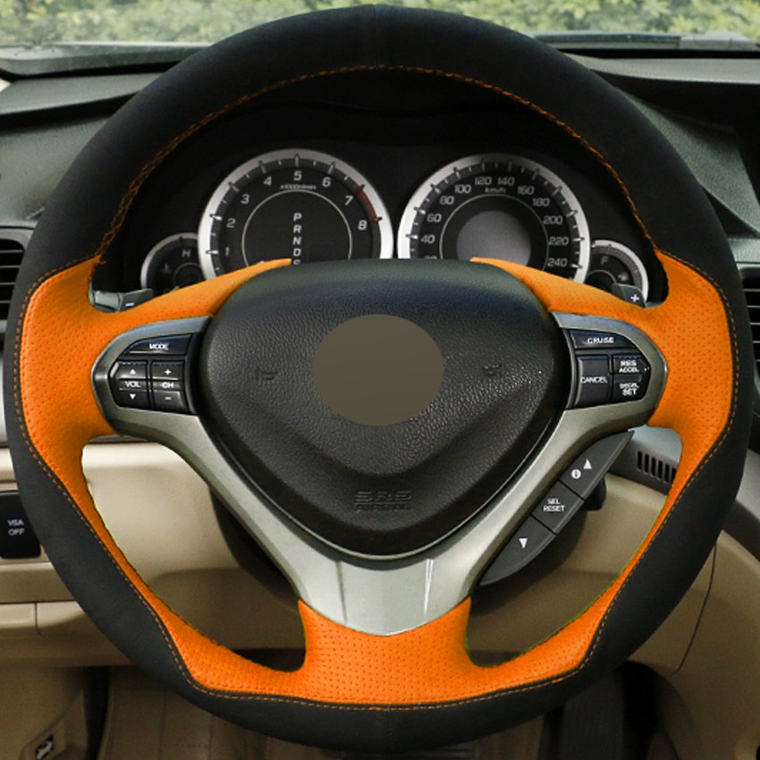 DIY Hand-stitched Car Steering Wheel Cover Black Suede Orange Leather for Honda Spirior OId Accord