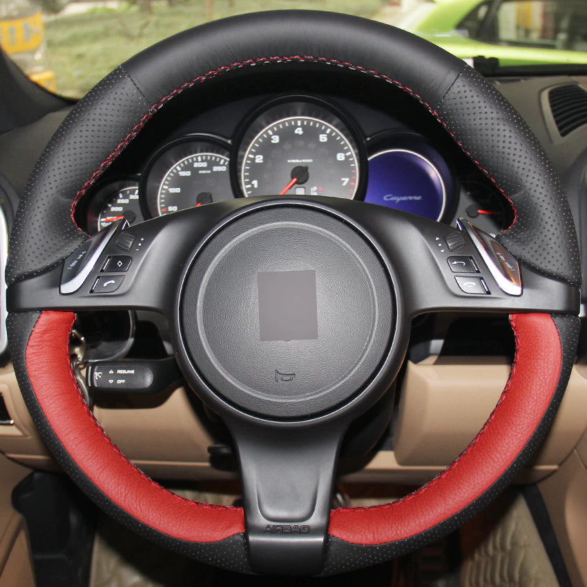 Red Black Genuine Leather Hand-stitched Car Steering Wheel Cover for Porsche Cayenne Panamera 2010 2011