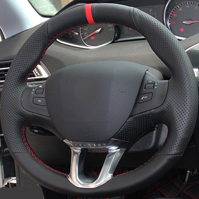 Black Genuine Leather DIY Hand-stitched Car Steering Wheel Cover for Peugeot 208 Peugeot 2008