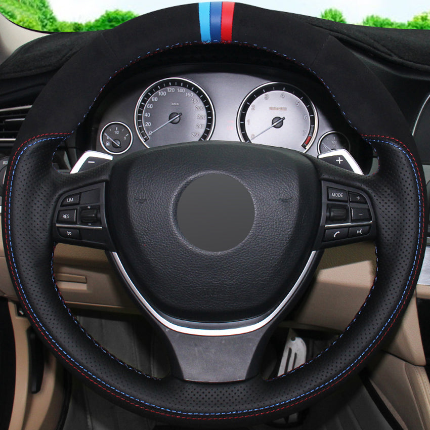 Hand-stitched Black Genuine Leather Suede Car Steering Wheel Cover for BMW F10 2014 520i 528i 2013 2014 730Li 740Li 750Li