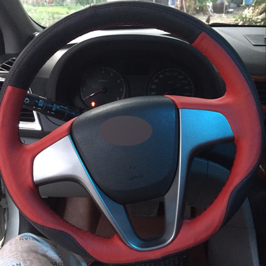 Red Black Genuine Leather DIY Hand-stitched Car Steering Wheel Cover for Hyundai Solaris Verna i20 2008-2012 Accent
