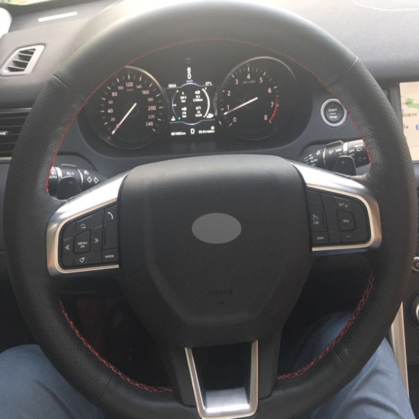 DIY Hand-stitched Black Genuine Leather Car Steering Wheel Cover for Land Rover Discovery Sport 2015-2017