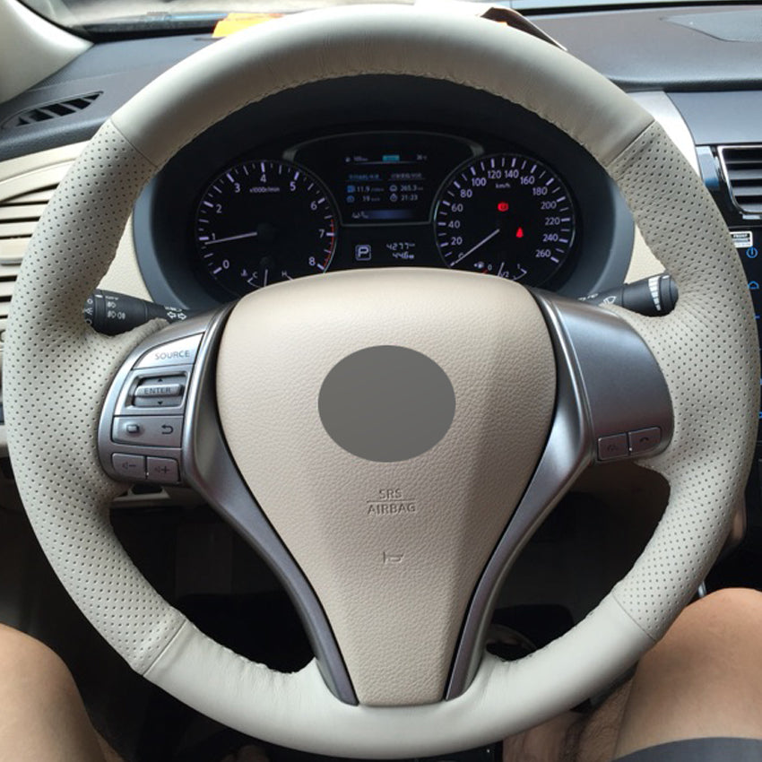 Beige Genuine Leather Hand-stitched Car Steering Wheel Cover for Nissan Teana Altima 2013-2016 X-Trail QASHQAI Rogue