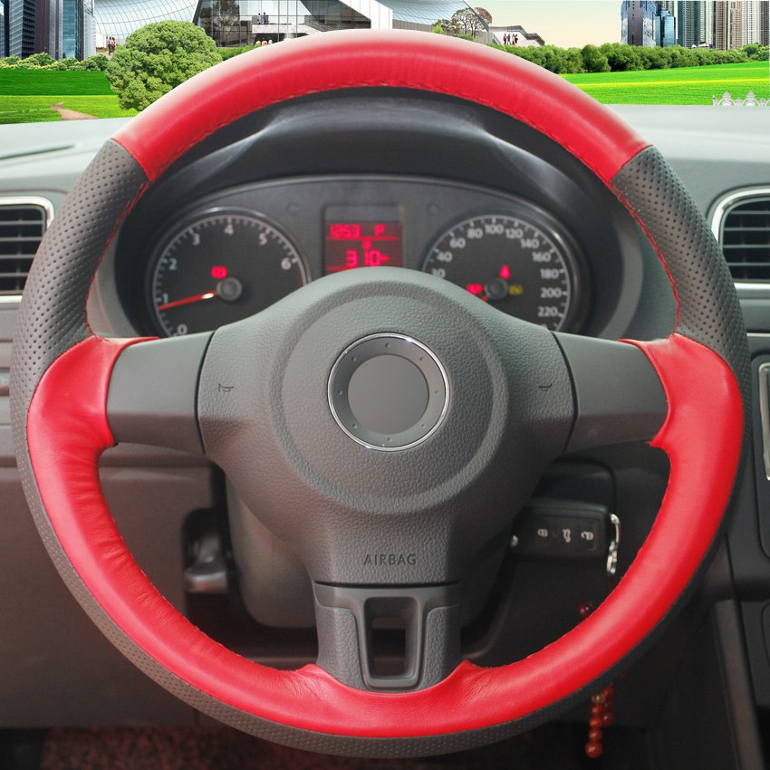 Red Black Genuine Leather Car Steering Wheel Cover for Volkswagen Golf 6 Mk6 VW Polo Sagitar Bora Santana Jetta Mk6 MK5