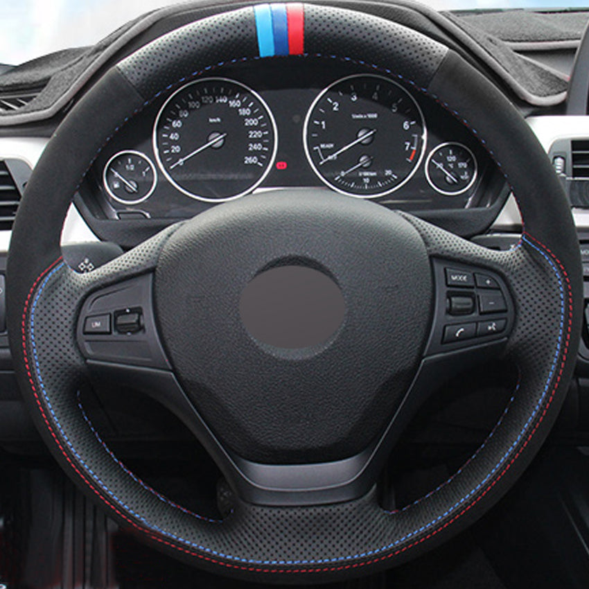 DIY Hand-stitched Black Genuine Leather Suede Car Steering Wheel Cover for BMW F30 320i 328i 320d F20
