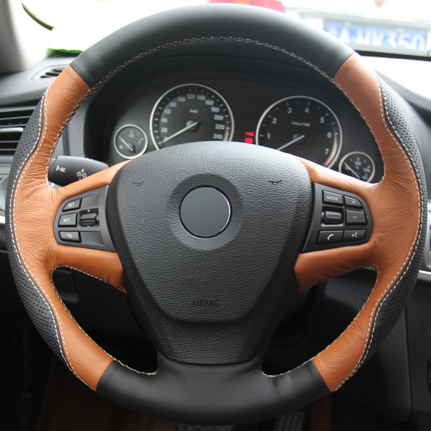 Orange Black Genuine Leather Hand-stitched Car Steering Wheel Cover for BMW X3 2014 X5