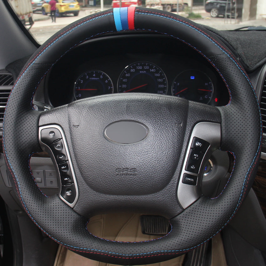 Black Genuine Leather Suede Hand-stitched Car Steering Wheel Cover for Hyundai Santa Fe 2006-2012