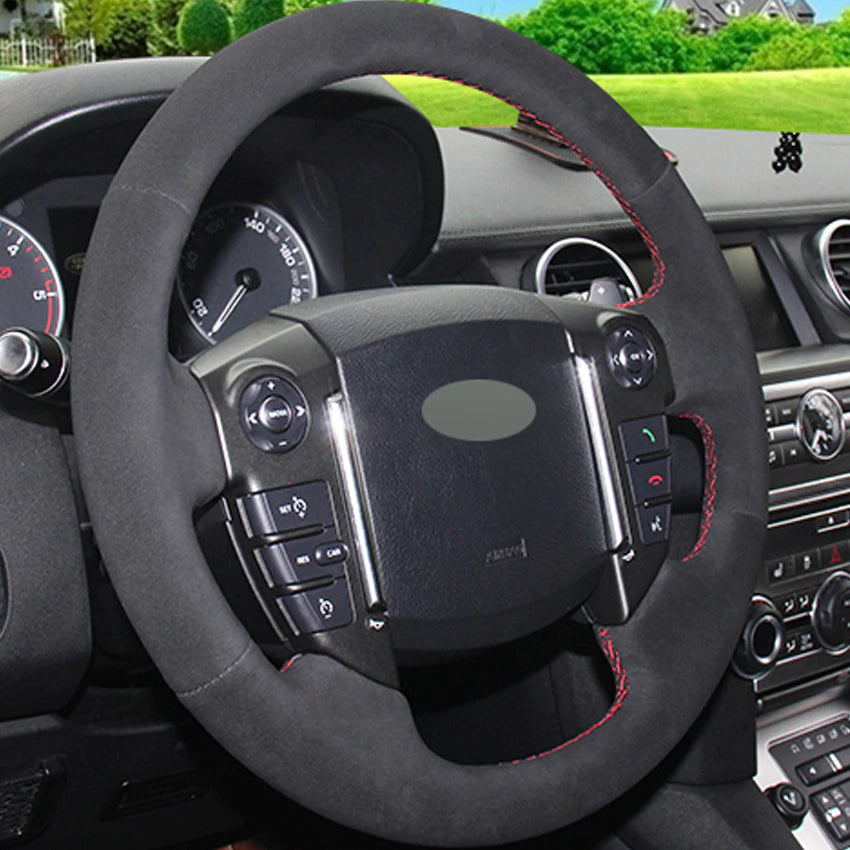 DIY Hand-stitched Black Suede Car Steering Wheel Cover for Land Rover Discovery 4 2010-2016