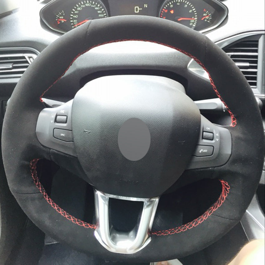 Black Suede DIY Hand-stitched Car Steering Wheel Cover for Peugeot 208 Peugeot 2008