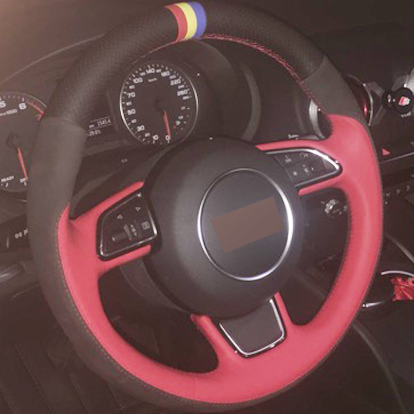 Black Red Genuine Leather Black Suede DIY Hand-stitched Car Steering Wheel Cover for Audi A1 A3 A5 A7