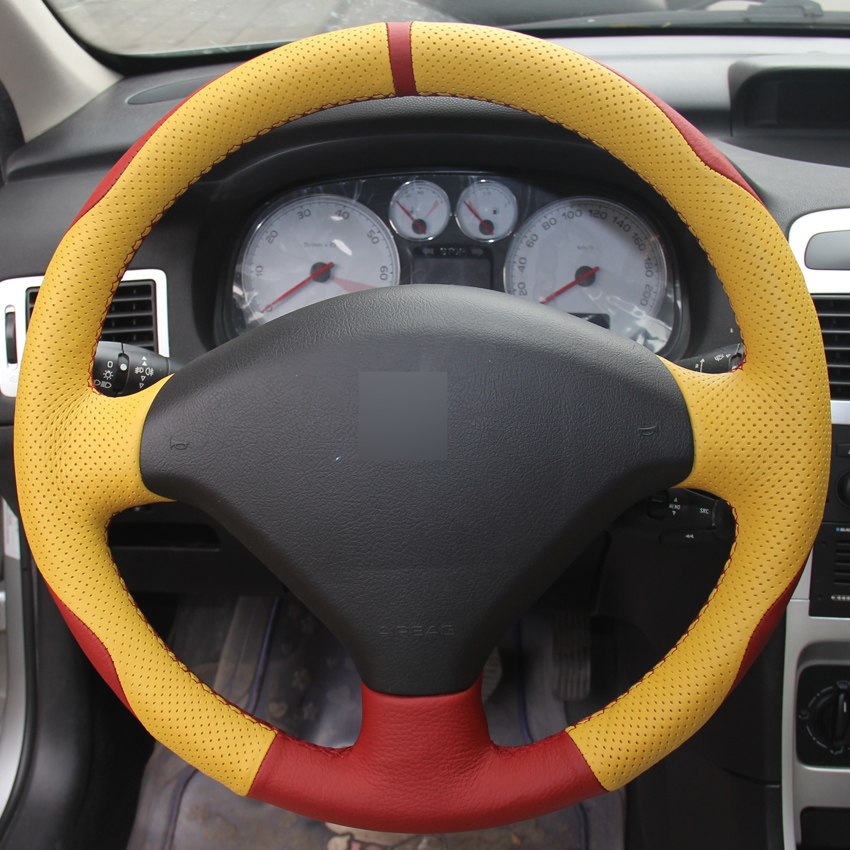Red Yellow Genuine Leather Hand-stitched Car Steering Wheel Cover for Peugeot 307