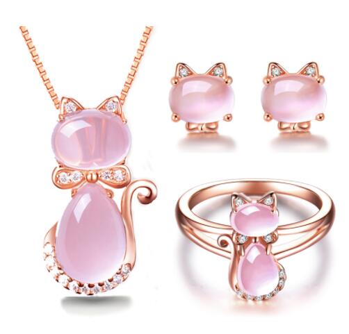 Other Jewelry Sets Rose Gold Color Cute Cat Ross Quartz Pink Opal Necklace Ring For Women Girls Gift Choker