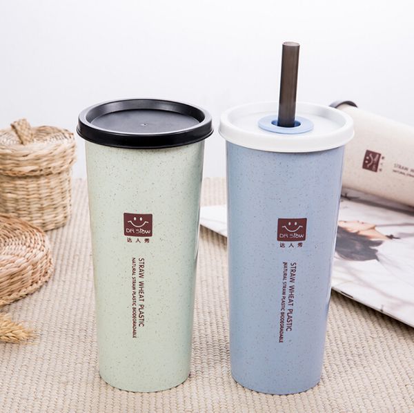 Simple plastic green water cup adult students drink water cup creative juice cup wheat straw cups double cover single layer cups