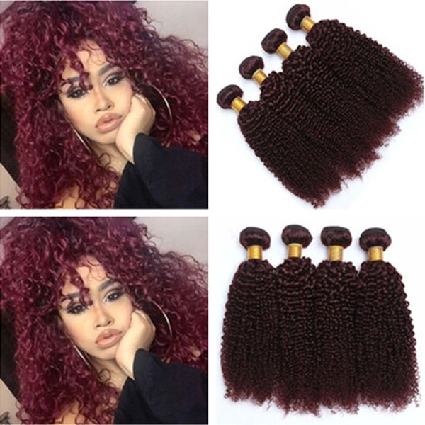 #99J Wine Red Virgin Human Hair Weave Bundles 4Pcs 400Gram Kinky Curly Best Brazilian Burgundy Human Hair Bundles Deals Curly Hair Wefts