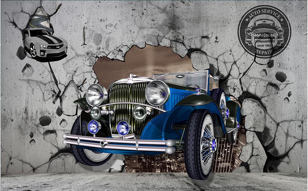 WDBH 3d wallpaper custom photo Retro blue car broken wall tv background living room home decor 3d wall muals wall paper for walls 3 d