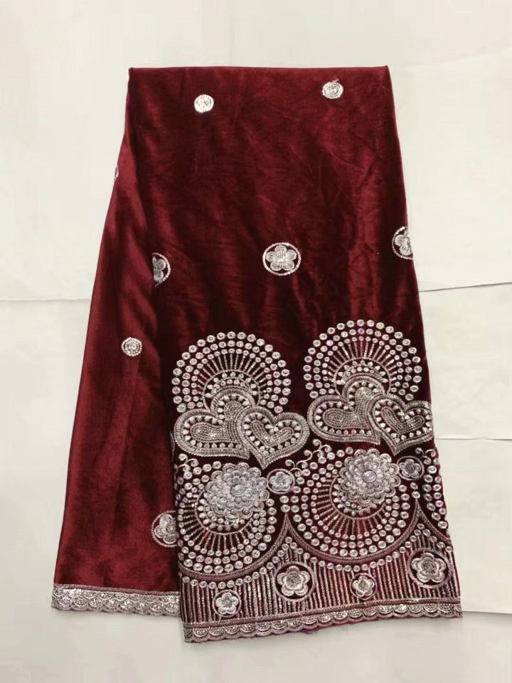 5yards-pc Top sale wine french velveteen fabric african soft velvet lace with silver sequins for clothes JV12-1