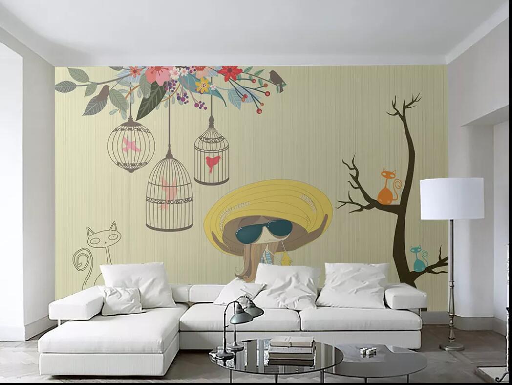 3d room wallpaper custom photo mural Hand drawn minimalistic cartoon cat bird cage background wall wall art canvas wallpaper for walls 3 d