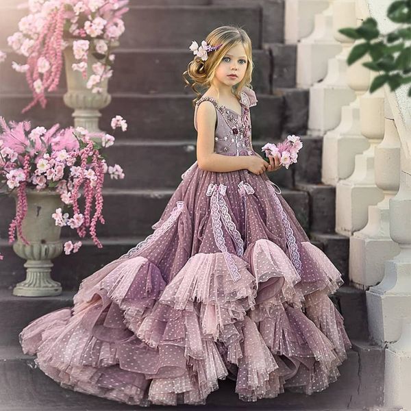 light purple flower girl dresses for weddings v neck tiered skirts girls pageant dress floor length kids birthday communion dress