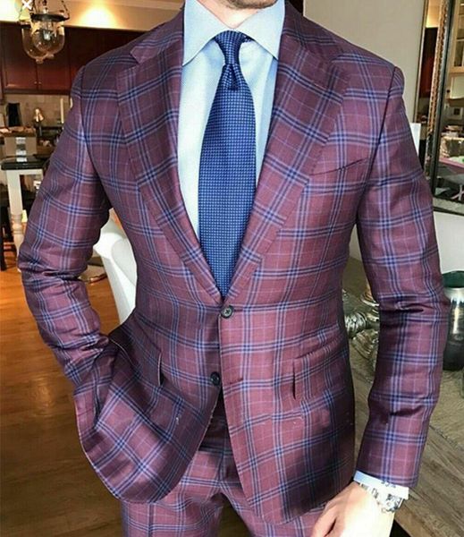 Men&#039;s Wool Formal Windowpane Suits 2 Pieces Business Office Tuxedos Coat Groomsmen Mens Jacket Vest Pants