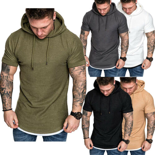Fashion Mens Slim Fit Short Sleeve Shirts Hooded Muscle Tops Hoodie Basic shirt