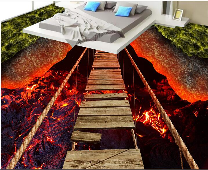 3d pvc flooring custom photo Self-adhesive wall paper floor Thrilling rope bridge volcanic lava 3d wall murals wallpaper for living room
