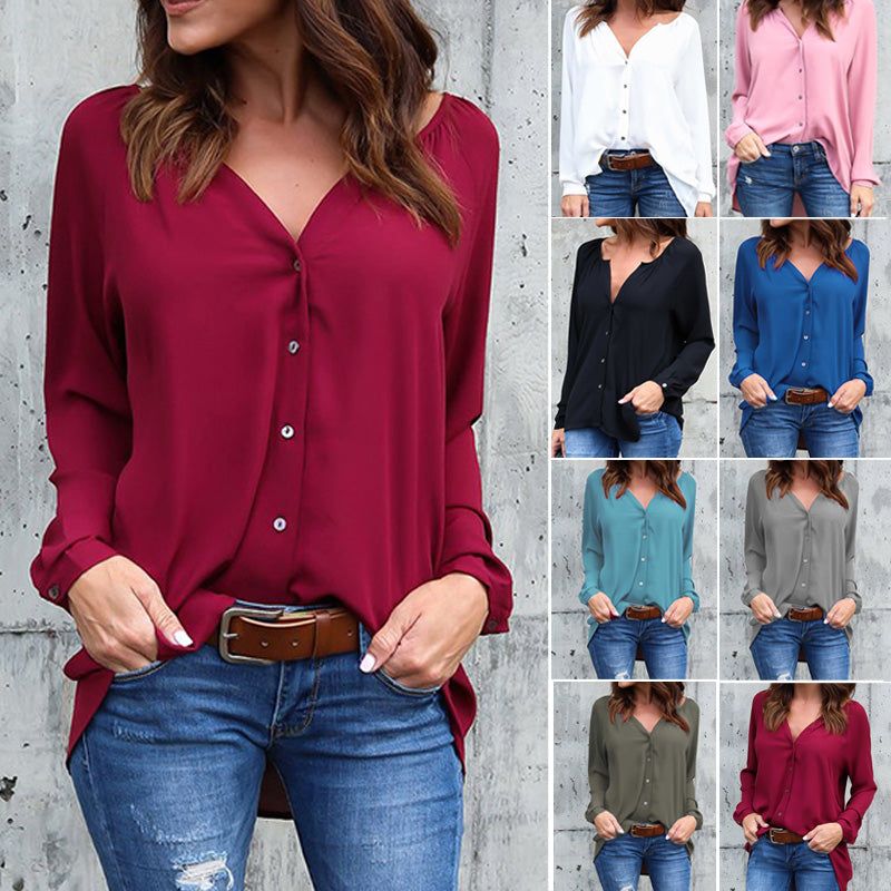 Women Long Sleeve Solid Color Shirts Fashion Chiffon Blouse Designer V-Neck Blouses Ladies Casual Plain Tee Tops Plus Size S-5XL