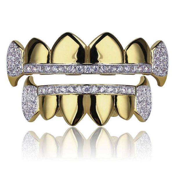 Gold Grillz Jewelry Hip Hop Dental Grills Fashion Exquisite Glaring Zircon 18K Gold Plated Teeth Braces 2-Piece Set Wholesale LP023