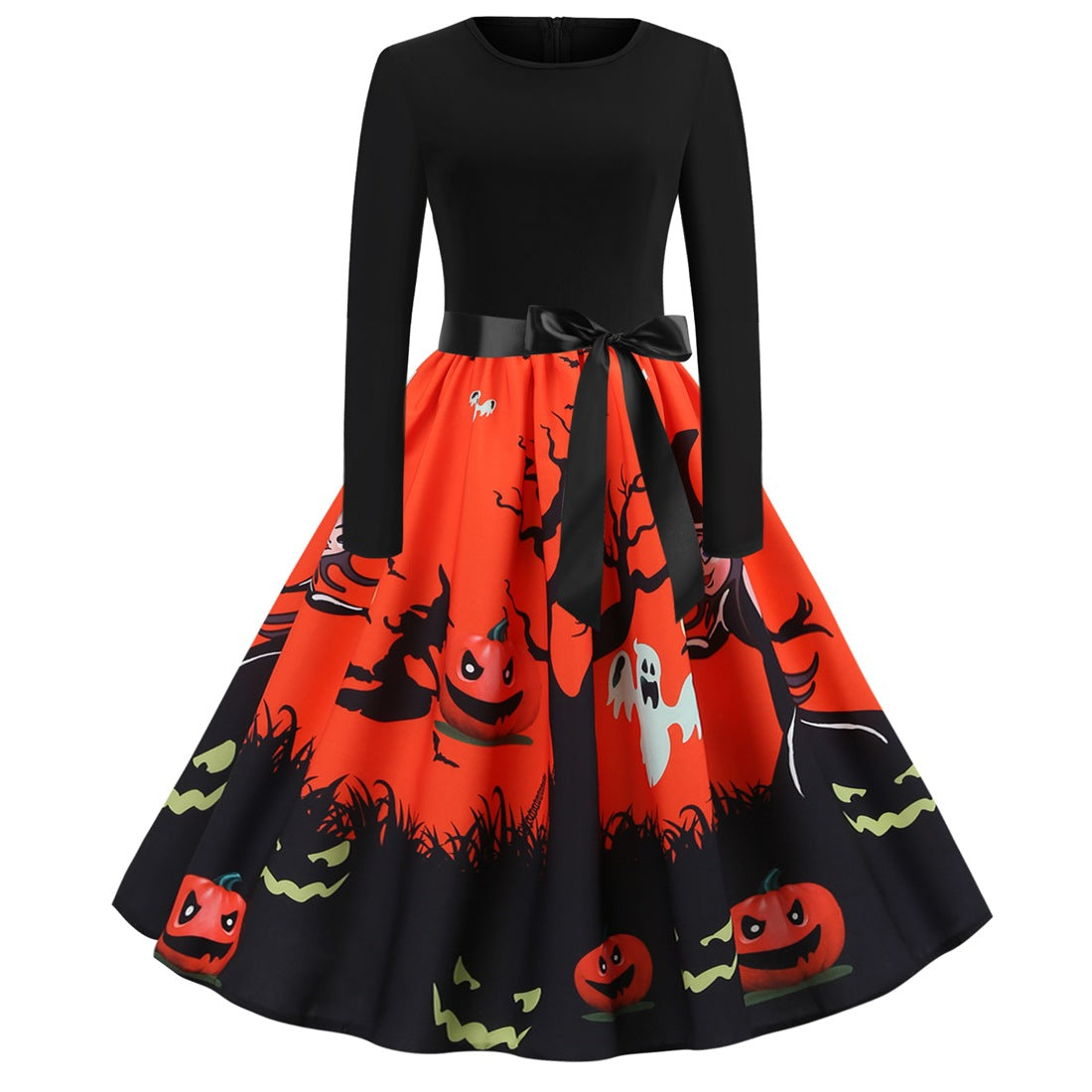 Halloween women fashion long sleeve dresses pumpkin ghost printed belt skirts halloween costumes for adults 2019 fashion party dress