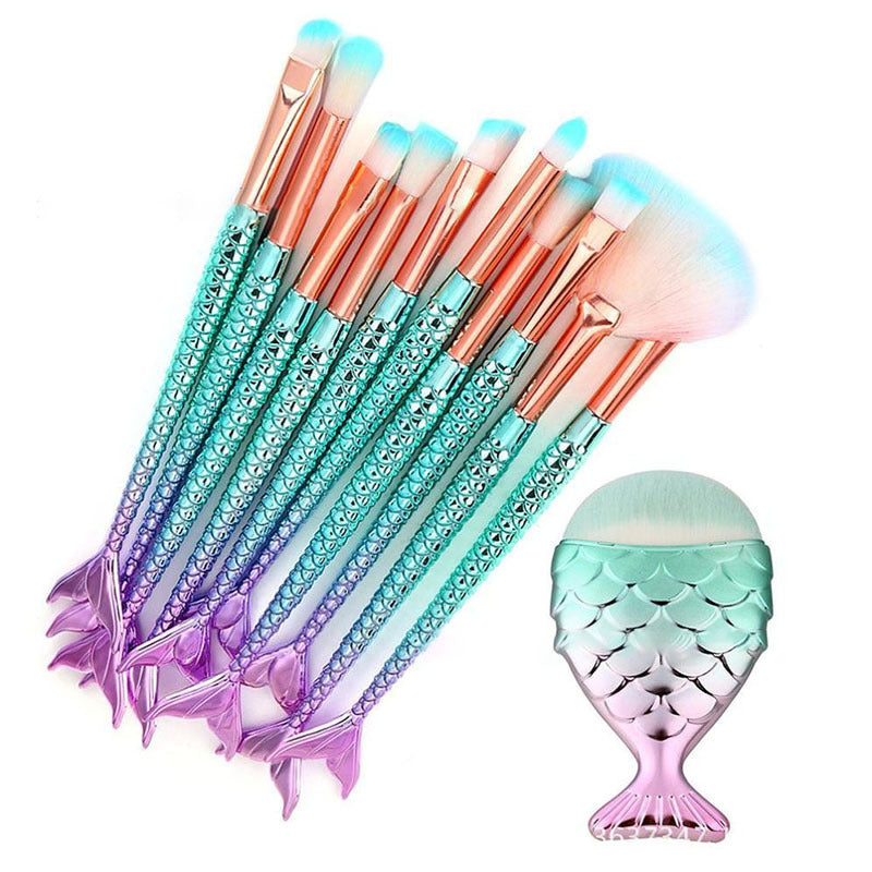 10-11pcs Mermaid Tail Makeup Brushes Set for Teen Girls Nylon Hair Plastic Brush Sets Double-tailed Fish Makeup Tools