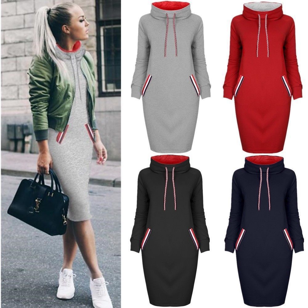 5 Colour S-3XL Women Autumn Winter Knee Length Casual Hooded Pencil Hoodie Long Sleeve Sweater Pocket Bodycon Tunic Dress