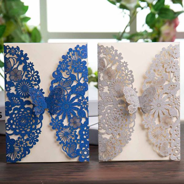Wishmade 50pcs Glitter Laser Cut Wedding Invitations Cards with Silver Royal Blue Butterfly Lace Flower Design for Birthday Party Favors