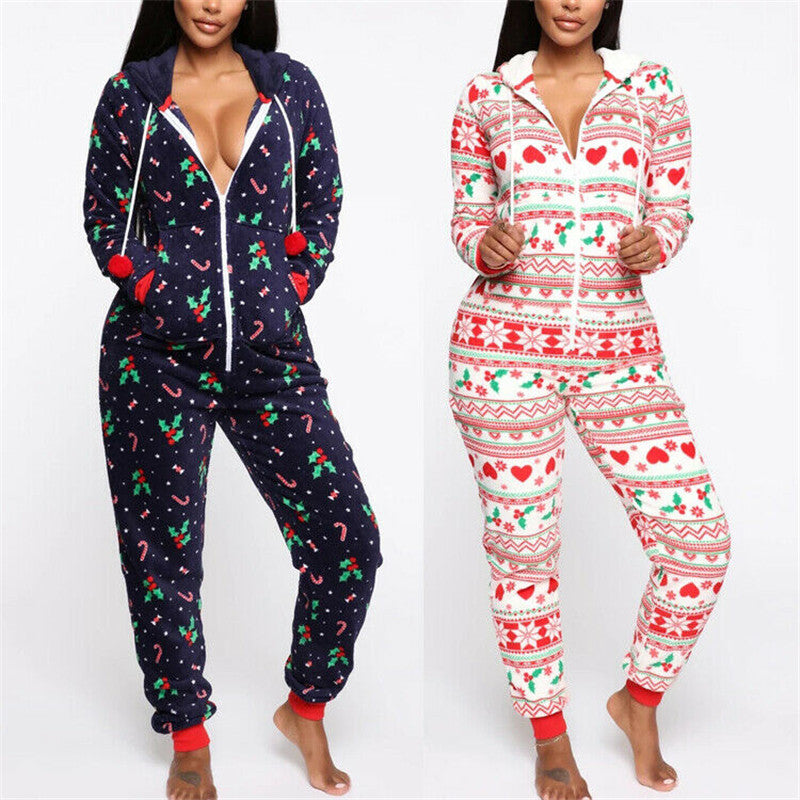 Women&#039;s Christmas Jumpsuit Auutmn Winter Warm Long Sleeve Pajamas Printed Sleepwear Xmas Hooded Nightwear Jumpsuit Pyjamas 2020