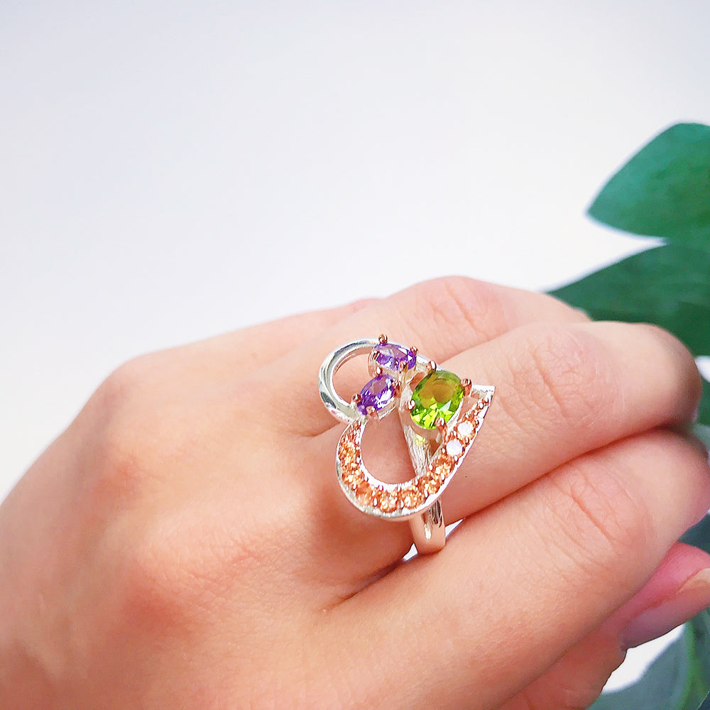Silver and Rose 2 tone plate Lovely Ring Heart design Jewellery Multi Olivine CZ Jewelry Trendy rings Gifts