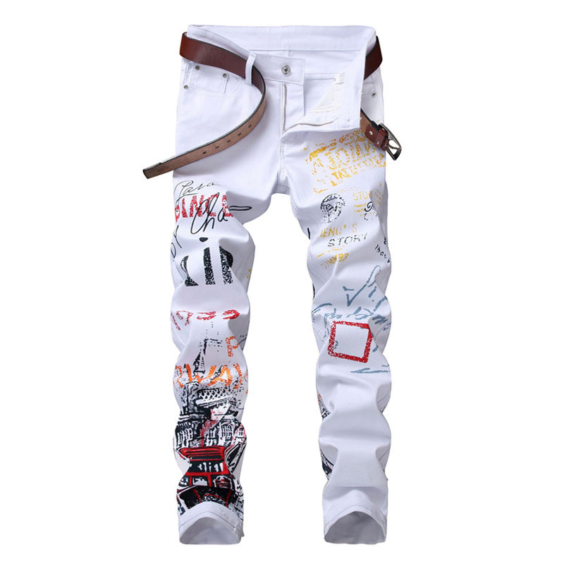 Fashion Streetwear Men Jeans Slim Fit Elastic Stretch Hip Hop Pants Printed Designer Jeans Men Night Club Pun Style Pencil Pants