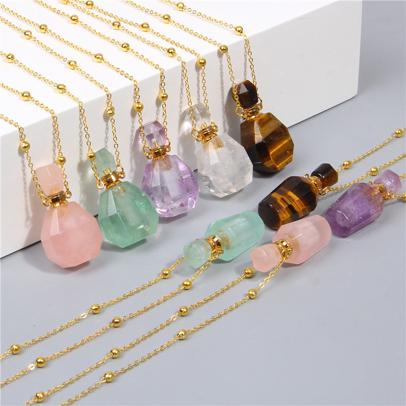 Natural gems stone perfume bottle necklace Essential Oil Diffuser Pendant Tiger Eye amethysts heart shape jewelry charm