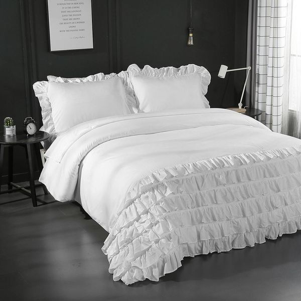 3 Pcs-Set Modern Style Ruffle Polyester Bedding Set Pillowcase Duvet Cover Pleated Lace Bedding Sets White Bed Linen Set