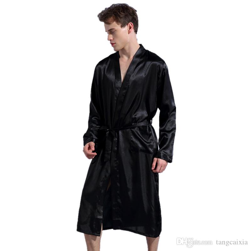 Men Rayon Robes Gown Male Kimono Bathrobe Sleepwear Nightwear Pajamas Black Long Sleeve Chinese Style Belt Robe