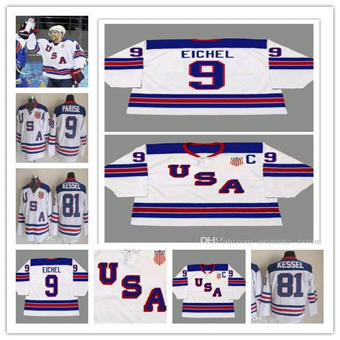 Embroideried Cheap Men&#039;s Customized 2014 USA Retro Vintage Hockey Jerseys 9 JACK EICHEL All Stitched Sports Uniforms High Quality