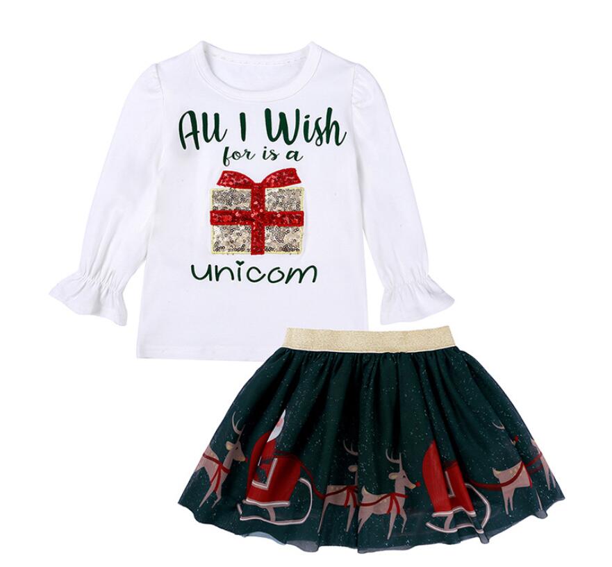 Girl Christmas Long Sleeve T-shirt and Gauze Dress Set Baby Infant O-Neck Xmas White Tops and Gauze Skirt Suit Kids Toddler Clothes Two Pcs