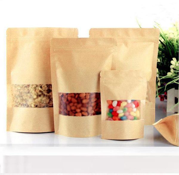 Food Moisture-proof Bags Window Bags Brown Kraft Paper Doypack Pouch Packaging for snack Cookies
